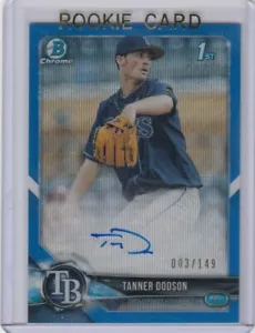 2018 BOWMAN CHROME TANNER DODSON BLUE WAVE RIFRATTORE ROOKIE AUTO #D149 DODGERS - Foto 1 di 1