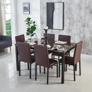 6 Seat Marble Dining Table Set with Faux Leather Chairs in Brown 150cm MDF - Picture 1 of 10