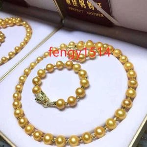20" AAA+ 9-10mm real natural south sea Gold Round pearl Necklaces Bracelets Set - Picture 1 of 6