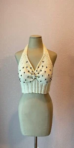 Medium Polka dots white handmade knitted top - Picture 1 of 4
