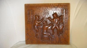 OLD DUTCH ANTIQUE HIGH RELIEF CARVED OAK WOOD FURNITURE PANEL TAVERN SCENE  - Picture 1 of 12