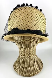 VTG 1950s Women's Netted Straw Derby Hat w/ Black Velvet Trim - Prop - Staging - Picture 1 of 8
