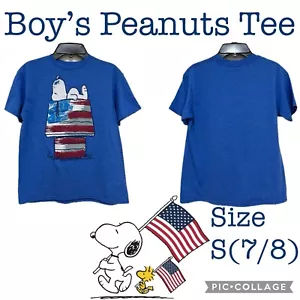Boys Clothes Peanuts Snoopy on American Flag Colored Dog House Tee Size S(7/8) - Picture 1 of 6