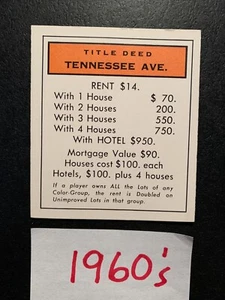 Monopoly VINTAGE 1960s TENNESSEE AVE AVE Title Deed Card PARKER BROTHERS - Picture 1 of 4
