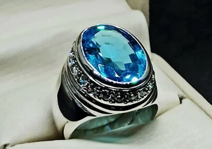 Oval Cut 15 Carat Fresh Blue Topaz Sterling Silver 925 Handmade Mens Heavy Ring - Picture 1 of 12