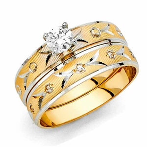 14K Two Tone Cubic Zirconia Engagement and Wedding Band Ring Set - Picture 1 of 5