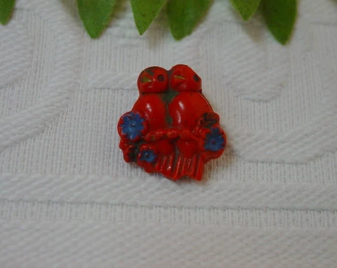 Vintage Glass Realistic Button Pair of Love Birds Orange with Paint Details 5/8" Cover
