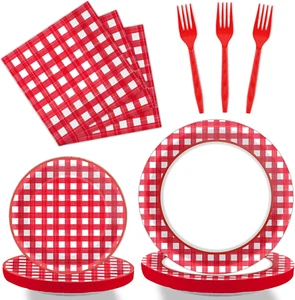96 PCS Picnic Party Plates Red and White Gingham Checkered Plaid Party Tableware - Picture 1 of 6