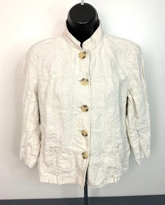 Top Mujer CHEROKEE Botón Cuello Simulado Manga 3/4 100% Lino Beige Natural Talla M Foto 1 de 4