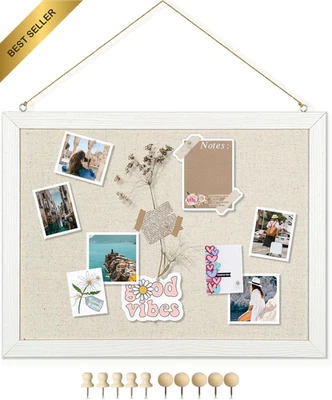 16x12 Inch Double-Sided Linen Cork Bulletin Board Wood Frame with 10 Pushpins - image 1 of 4