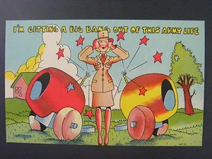 Segunda Guerra Mundial Mujer Ejército Soldado Cañones Bang Cómic Lino Postal Años 40 De Colección - Imagen 1 de 2