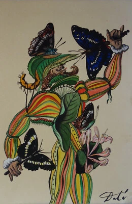 Pintura única fina rara, mariposas surrealistas, firmada por Salvador Dalí, con certificado de autenticidad Foto 1 de 4