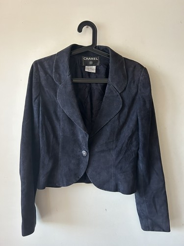 Giacca in pelle scamosciata blu Chanel taglia 38