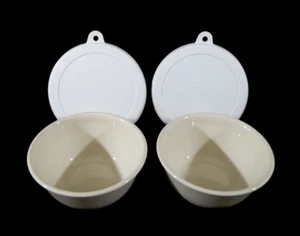 Corning Corelle 4 Off-White/Beige 12 oz Rice Bowls with White Plastic Covers - Picture 1 of 9