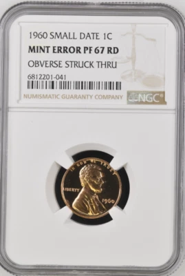 1960 Small Date Lincoln Memorial NGC Mint Error PF 67 RD Obverse Struck Thru - Image 1 of 2