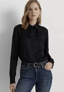 Lauren Ralph Lauren Women's Black Belting-Motif Jacquard Tie-Neck Shirt LG $165 - Picture 1 of 5