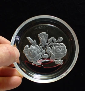 Vintage Val Saint Lambert Crystal Glass Coaster Reverse Intaglio Flower Signed - Picture 1 of 7