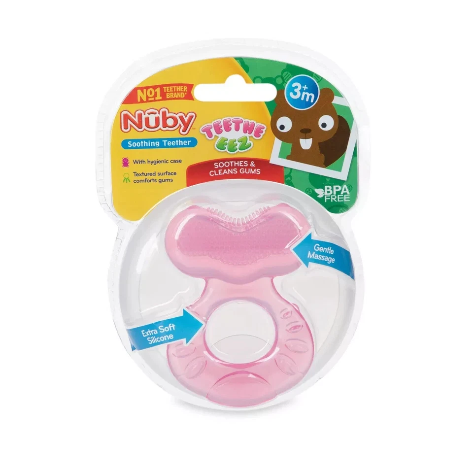 Nuby Silicone Teethe-EEZ Teether with Bristles, Hygienic Case, BPA FREE - Pink - Image 1 of 1