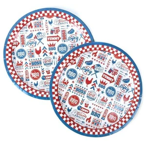 18x PAPER PARTY PLATES American BBQ Retro Style Patterned Disposable Picnic 23cm - Picture 1 of 5