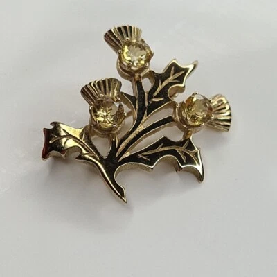 Broche de cardo escocés Ortak gris citrino de oro de 9 quilates con sello 375 Y62 Foto 1 de 4