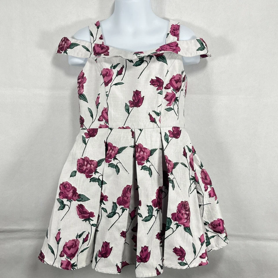 VESTIDO HALTER Plisado Sin Mangas PERSIGUIENDO LUCIÉRNAGAS BLANCO ROJO ROSAS Niñas Talla 4 Años Foto 1 de 4