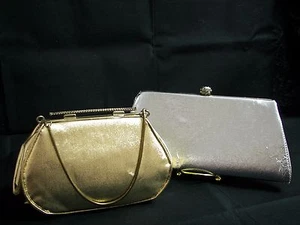 Two Vintage Clutch Handbags One Silver & One Gold w/Chain Handles Unique Clasp - Picture 1 of 5