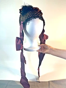 1870 Handmade VICTORIAN WEDDING BONNET, Flowers & Long Tails Antique Woman's Hat - Picture 1 of 16