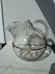 Vintage Anchor Hocking Etched Gold line MCM AtomicLaurel Tilted Ball Jug Pitcher - Picture 1 of 11