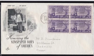 USA 1952 FIRST DAY COVER NEWSPAPER BOYS IN BLOCK OF 4 + CAHCET - Picture 1 of 1