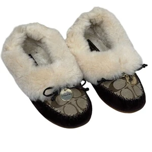 Coach Arleen Moccasin Slippers Women’s 7B Shearling Lined Suede Logo Flats - Picture 1 of 14