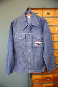 Vintage Chore Coat Denim Racing Jacket Champion Spark plug Mechanic Mens Medium - Picture 1 of 13