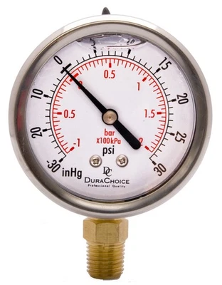 2-1/2" Oil Filled Pressure Gauge, SS Case, 1/4" NPT, Lower Mount, -30HG/30PSI - Image 1 of 4