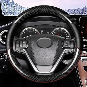 15" Carbon Fiber Car Steering Wheel Cover Black Genuine Leather Car Accessories - Picture 1 of 17