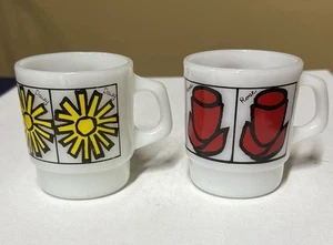 Anchor Hocking Fire King Yellow Daisy Red Rose Flower Milk Glass Mugs USA - Picture 1 of 9