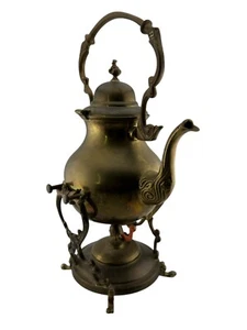 RARE Ornate vintage Solid Antique brass tipping teapot with burner Wick & stand - Picture 1 of 12