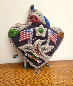 Antique Iroquois Native American Cushion, Beadwork Bird, Flags & Leaves - Picture 1 of 12