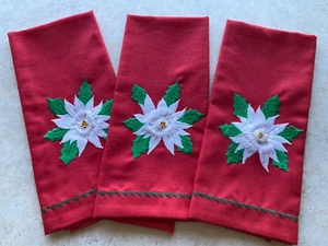 Red Linen Embroidered Hand Towels 19" x 12" - Fingertip Towel White Flower - Picture 1 of 3