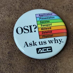 Pinback vintage ACC OSI? Pin Ask Us Why 1,75" años 80 - Imagen 1 de 2
