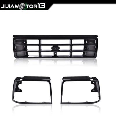 Fit For 92-96 Ford F150 F250 Bronco 3PCS Grille Headlight Door Black Grilles - Image 1 of 4