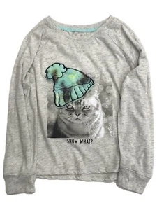 Justice Girls Gray Long Sleeve Snow What Kitty Cat Tee Shirt T-Shirt S (7-8) - Picture 1 of 1