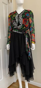 Vintage Diane Freis Black Multi Color Boho Dress With Scarf, 1980's Embraided - Picture 1 of 12