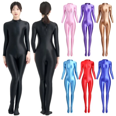 Damen Satin Glitzer Einteiler Overalls Langarm Yoga Jumpsuit Back Zipper Rompers - Bild 1 von 4