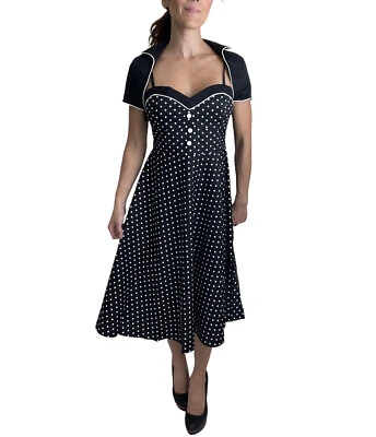 Vestido de fiesta vintage blanco y negro de dos tonos acampanado a lunares con chaqueta bolero Foto 1 de 2