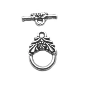Pewter Toggle Clasp 16x11mm w 15mm Bar Flower and Leaves 25 Sets (50 pieces) - Picture 1 of 1