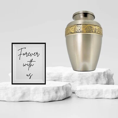 Pewter Brass Urn for Ashes Memorial Urn Adult Human Cremation Urn Gold Engraving - Image 1 of 4