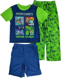 Minecraft Pajamas Boys Medium 8 Lightweight 3-Piece Shirt Shorts Pant PJs Gift - Picture 1 of 5