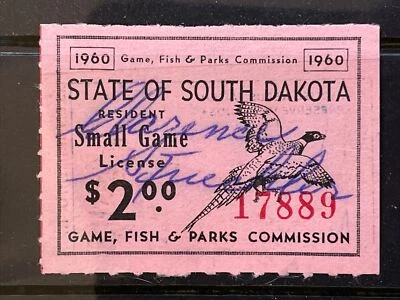 1960 State of South Dakota Resident Small Game License Used Hunting Stamp $2.00 - Image 1 of 2