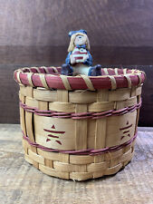 Wicker Peanut Basket with Lid Americana Folk Art Country Girl Figurine Handle