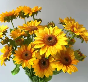 SUNFLOWER STEM RUSTIC SUNFLOWERS BUSH BUNCH STEMS GARDEN FLOWERS ARTIFICIAL SILK - Picture 1 of 7