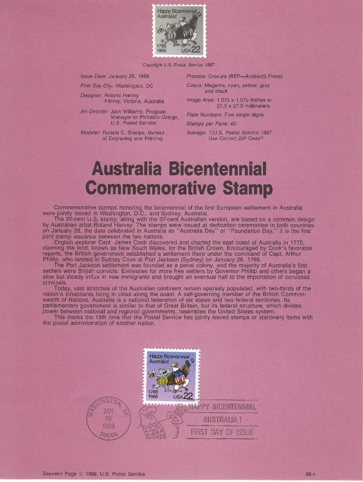 US Scott#SP823 (2370) 22c Australia Bicentennial Single Souvenir Pages NH 1988 - Image 1 of 1
